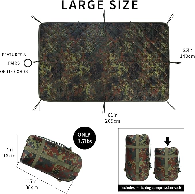 Camo Poncho Liner Army Blanket Military Sleeping Bag with A Compression Carrying Bag for Traveling Hiking Camping Outdoor Survival Car Blanket