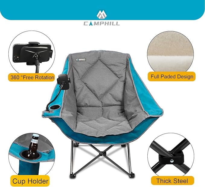 CAMPHILL Folding Camping ChairOversized Portable Camping Chair with Cup Holder and Phone HolderHeavy Duty Padded Lawn Chair for CampingTailgatesBeachand SportsLake Blue