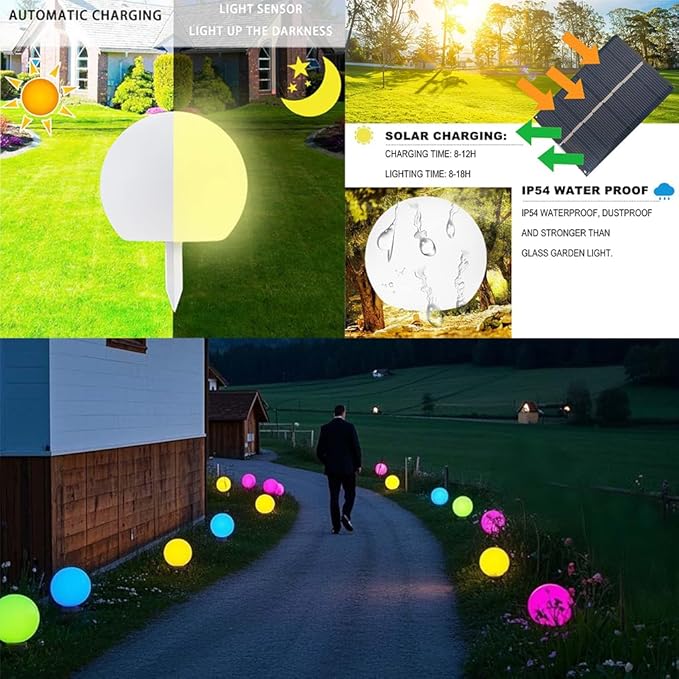 12-inch Dimmable Solar Globe Light RGB 16 Color Changing Large Glowing Orb Light w/Remote Waterproof Outdoor Solar Ball Lights with Ground Stake Perfect for Backyard Garden Poolside