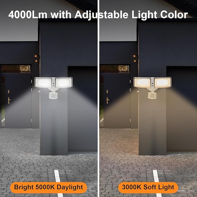 40W 4000 Lumen LED Security Lights with Motion Sensor Outdoor 3000K/5000K Light IP65 Waterproof Dusk to Dawn Dual-Head Motion Detected Flood Wall Light for Garage Yard Porch (White)