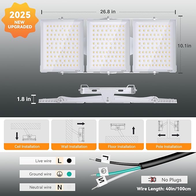 SOLLA 750W 2025 Plus New Upgraded LED Flood Light Outdoor 75000LM Super Bright Stadium Lights 6000K Daylight White IP66 Waterproof 3 Heads Adjustable Outdoor Floodlight for Yards Arena Garden