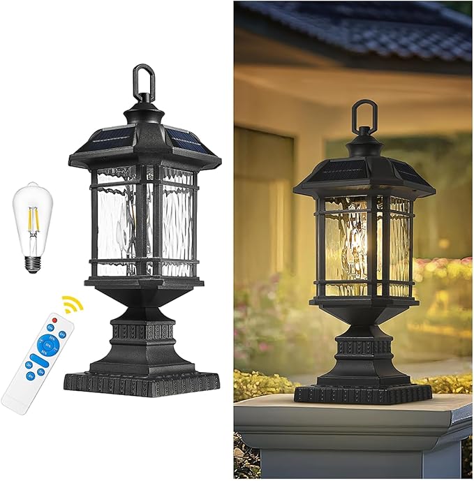 Emliviar Integral Solar Lamp Post with Fixed Pire Mount Base Matte Black LED Fence Deck Pilllar Lighting for Patio Portable Outside Solar Panels Lamp with Water Grain Glass 2084P-ML SL BK