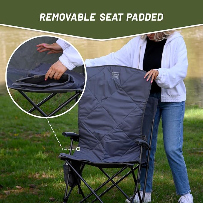 Timber Ridge Folding Camping Chair Removable Seat Padded Lawn Chairs Foldable Outdoor Camp Chair for Adults Supports Up to 300 LBS Grey