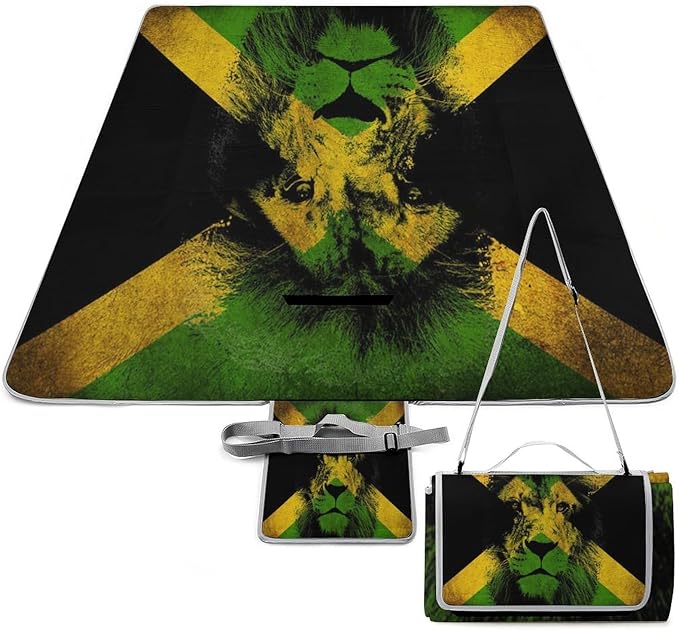 Jamaican Flag Rasta Lion Waterproof Outdoor Picnic Blanket Sandproof Beach Mat for Camping Hiking Grass Travelling