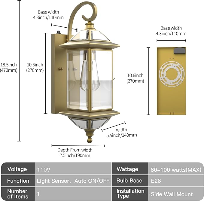 18.5''H Dusk to Dawn Sensor Outdoor Wall Light Fixture Golden Copper Porch Light with Tempered Glass Exterior Lighting Wall Mount for GaragePorchPatioOil-Rubbed BrassE26 Socket1 Pack