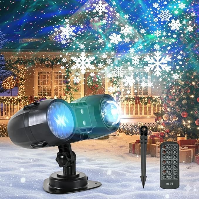 3-in-1 Christmas Projector Lights Outdoor Dynamic Snowflakes + Ocean Wave Water Pattern + Red/Green Laser Light Show IP65 Waterproof Remote Projector for Yard Holiday Decor