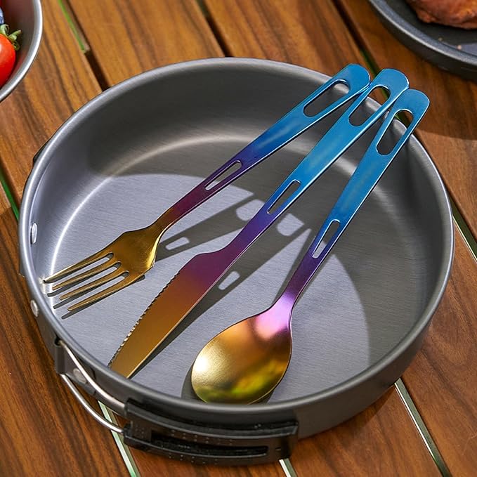 Titanium Cutlery Set Camping Utensils for Hiking &amp Travel 3-Piece Fork Spoon Knife Lightweight Portable Flatware Gradient Color Non-coating Dishwasher Safe RT142T (1 set)