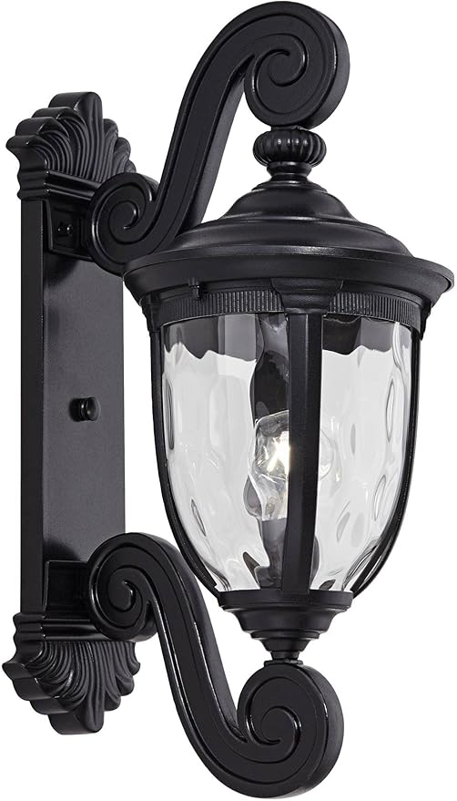 John Timberland Bellagio European Outdoor Wall Light Fixture Texturized Black Dual Scroll Arm 24 Clear Hammered Glass for Exterior House Porch Patio Outside Deck Garage Front Door Garden Home