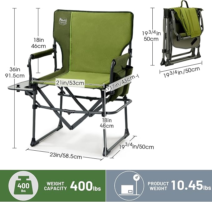 TIMBER RIDGE Aluminum Camping Directors Chair with Side Table Pocket Portable Folding Chair Heavy Duty Lawn Chair for Fishing Trip Picnic Concert Outdoor 400lbs Green 2 Pack