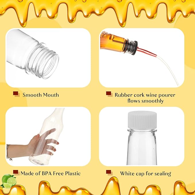 Dandat 20 Pcs 32 oz Plastic Long Neck Bottles with Pourer and Caps Plastic Juice Pour Bottles with Stainless Steel Pourer Tapered Spout for Liquor Juice Store (Rose Gold)
