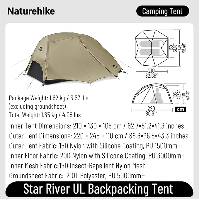 Naturehike Star River UL Camping Tent with Divided Packing Design - 1/2 Person Lightweight Backpacking Tent Double Layer Waterproof Tent for One Man Hiking Travel Cycling Two Person
