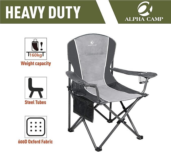 ALPHA CAMP Oversized Camping Folding Chair - Heavy Duty Steel Frame Support 350 LBS Collapsible Padded Arm With Cup Holder Quad Lumbar Back Portable for Outdoor/Indoor
