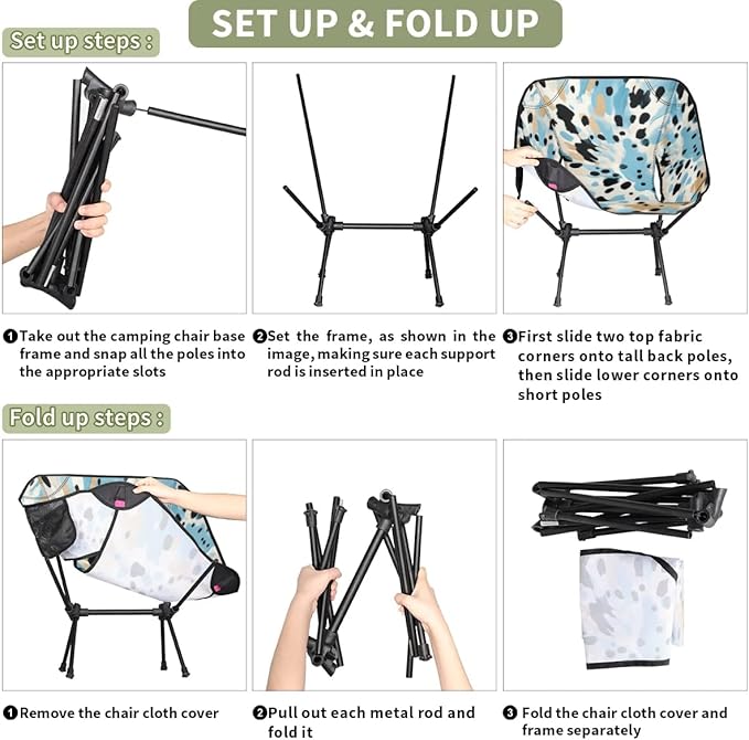 Portable Camping Chair Blue Black Print Ultralight Folding Camping Chair Backpacking Hiking Chair with Cup Holder for Outdoor Travel Beach Picnic Festival Compact Portable 176 lbs Capacity