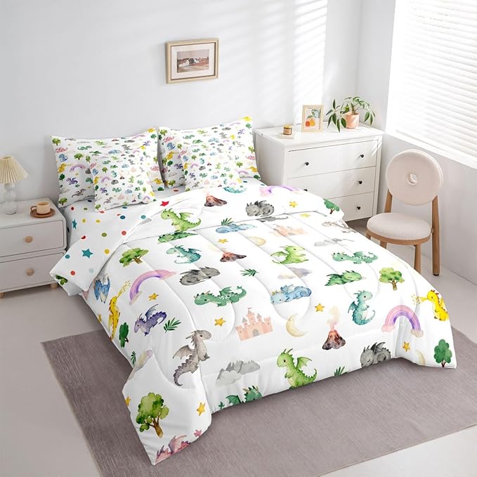 Baby Dragon 7 Piece Bedding Set Full Size Animal Comforter Set with SheetsPillowcases &amp Cushion Cover for Boys Girls Bedroom Decor Cartoon Wildlife Bed in a Bag Microfiber Women Men White Green