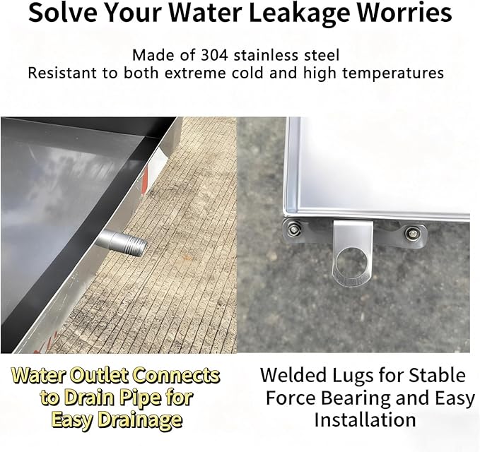 304 Stainless Steel AC Drain Pan with 4 Flexible Hose Leakproof Drain Tray for Air Conditioners Kitchens &amp Plants - 130x30cm (51x12in) with Welded Lugs