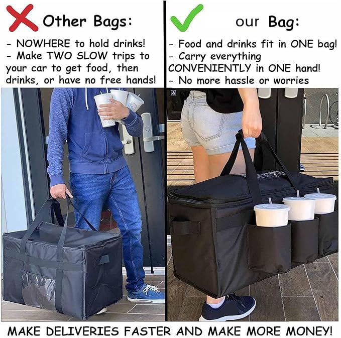 1 PCS Food Delivery Bag Black with Cup Holders/Drink Carriers Great for Beverages Grocery Pizza Commercial Quality Hot and Cold