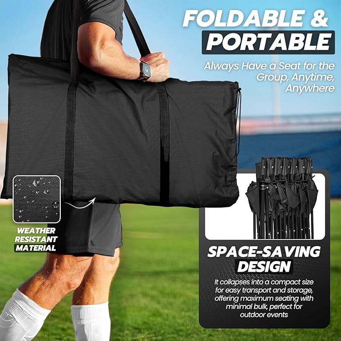 Flexzion Portable Folding Bench Seat 6 Seater Collapsible Soccer Bench Portable Bench Seats for Bleachers Camping Sideline with Back Rest and Carrying Bag Black