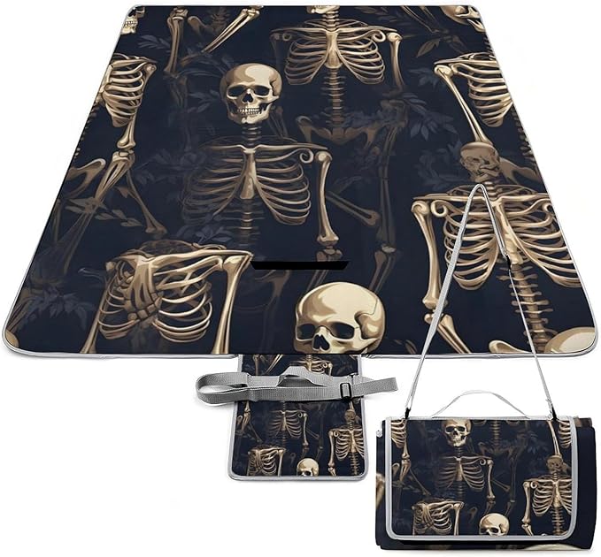 Vintage Halloween Black Victorian Gothic Skull Damask Waterproof Outdoor Picnic Blanket Sandproof Beach Mat for Camping Hiking Grass Travelling