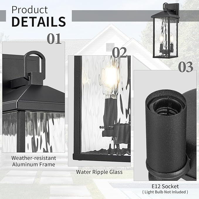 Darkaway Outdoor Wall Lights Exterior Lighting Fixtures Wall Mount Porch Lights Waterproof Outdoor Sconce with Water Ripple Glass E12 Socket for House Patio Hallway Garage