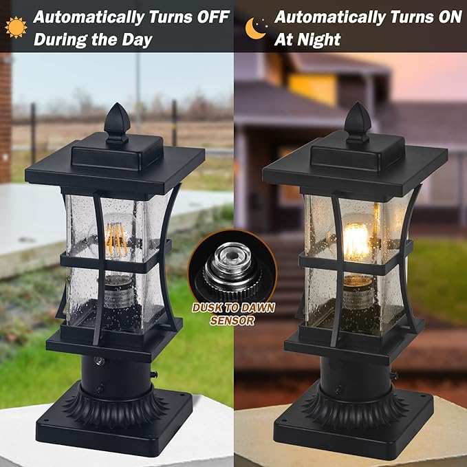 2 Packs Dusk to Dawn Outdoor Post Light Fixture with Pier Mount Base - Black Outdoor Pole Lighting Waterproof Pillar Lantern Modern Outside Column with Seeded Glass for Pathway Garden Patio