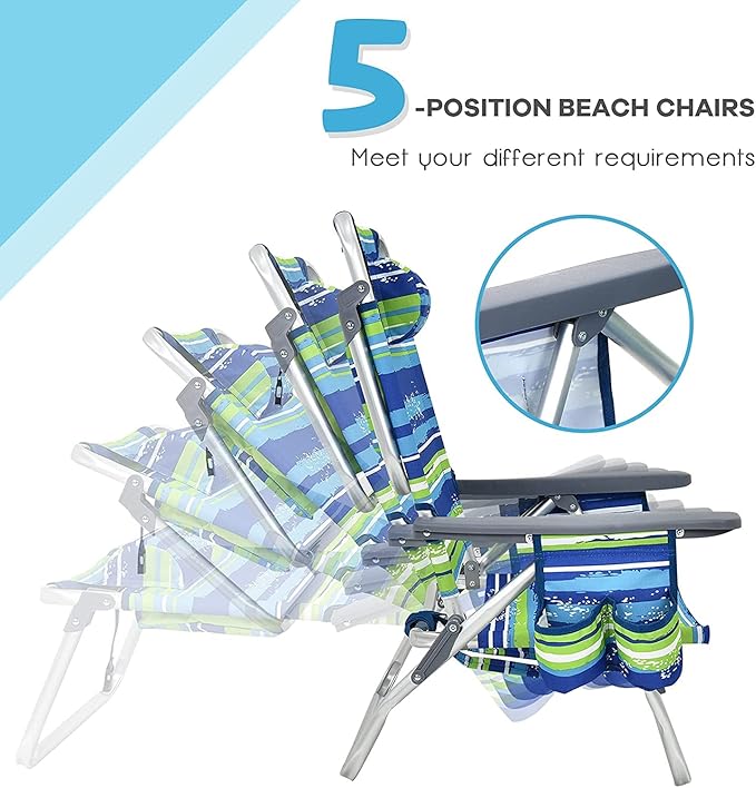 Goplus Beach Chair Folding Backpack Beach Chairs for Adults with 5 Positions Head Pillow Cooler Bag Towel Bar Cup Holders Sunbath Sling Tanning Lounge Foldable Layout Camping Chairs