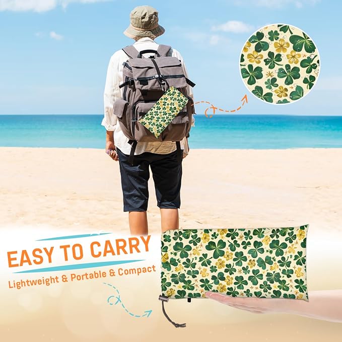 Waterproof Sandproof Beach Blanket 59''×68'' Plants Clover Polyester Outdoor Picnic Blanket with 4 Stakes &amp Storage Bag for BeachCampingVacation Yellow and Green