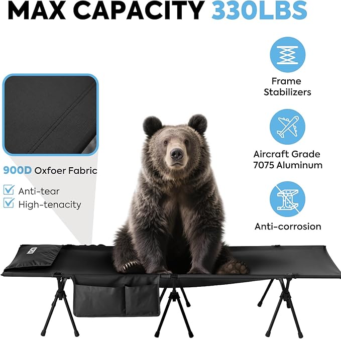 ICECO Camping Cot for Adults Height Adjustable with Cot Leg Extenders Strong Support 330lbs 900D Oxford Fabric Ultralight Comfortable Sleeping Bed for Camping Hiking Beach Home (L-Black)