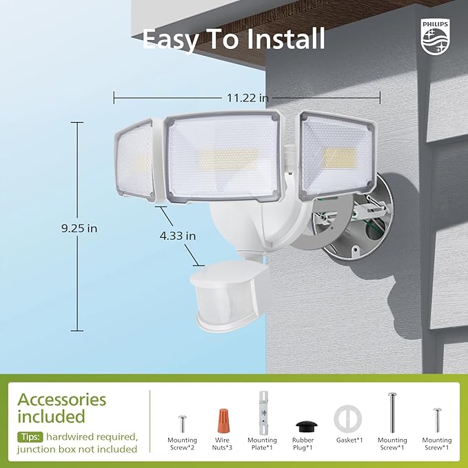 Philips 72W 7400LM LED Security Lights w/PIR Motion Sensor Outdoor 5000K Daylight Dusk to Dawn Aluminum Flood Light 3 Adjustable Heads Waterproof for Garage Yard Porch