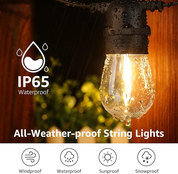 Lepro S14 Outdoor String Lights - 50ft with 15 Shatterproof LED Edison Bulbs Waterproof Bistro Lights for Deck Pergola Porch Garden Gazebo