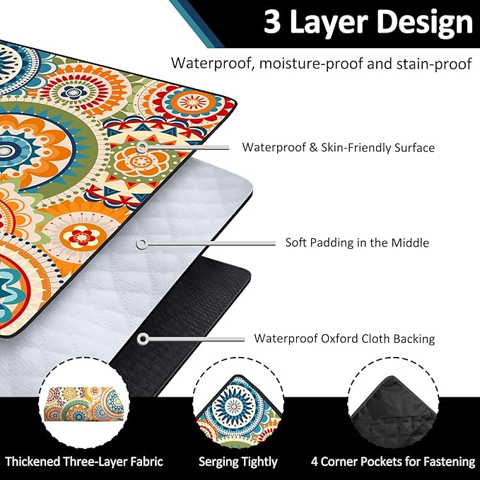 Boho Picnic Blankets Waterproof Foldable 60″X80″Packable Picnic Mat Geometric Outdoor Blanket for Grass Colorful Large Beach Blanket Sandproof Picnic Accessories for Camping Music Festival Park Lawn
