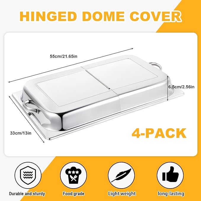 Blulu 4 Pack Hinged Dome Cover with Handle 21. 65 x 13 x 2. 56 Inch Steam Table Pan Hotel Pan Cover Stainless Steel Hinged Dome