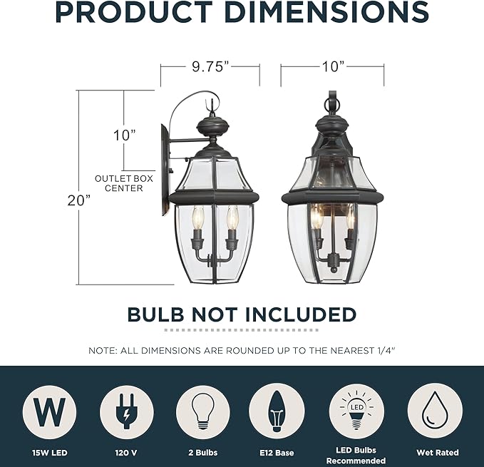 Quoizel Newbury 20 Outdoor Wall Lantern 2-Light Medici Bronze with Clear Beveled Glass E12 Base French Country Style