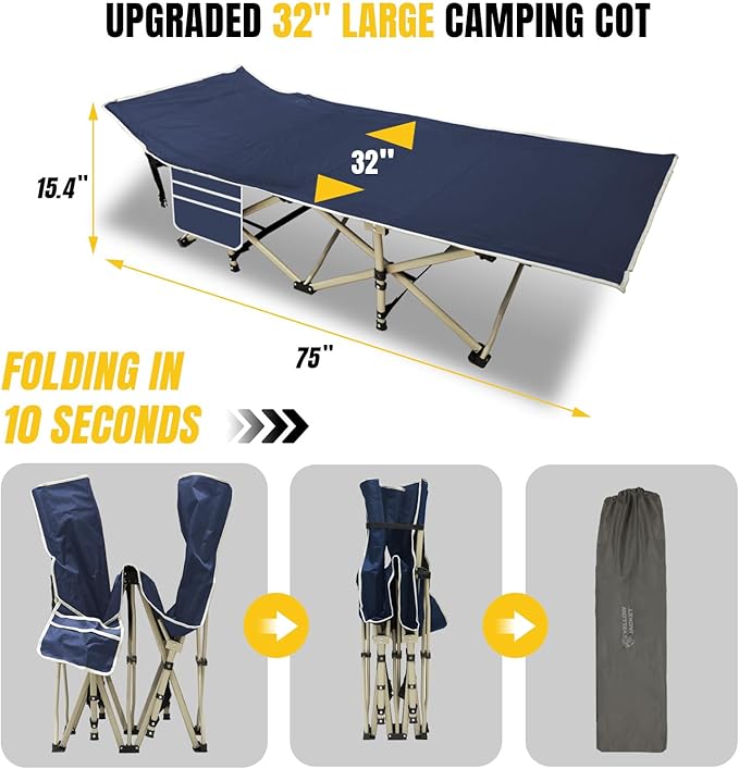 YELLOW JACKET Folding Camping Cot with Mattress Upgraded 32 Wide Cot for Camping Folding Sleeping Cot with Carry Bag Camping Cots for Adults Idea for Home Office &amp Travel