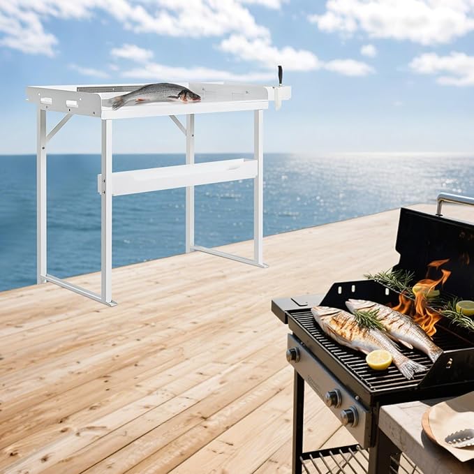 Professional Heavy-Duty Dock-Mounted Fish Fillet Table Corrosion-Resistant Ergonomic Dock Cleaning Station with HDPE Cutting Board &amp Tool Storage