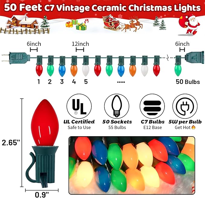 Christmas Decorations - 50 Feet C7 Vintage Christmas Lights Multicolor Christmas Tree Lights Outdoor Christmas String Lights with 50+5 Pack Bulbs for Christmas Tree Home Patio Yard Decor E12 Base