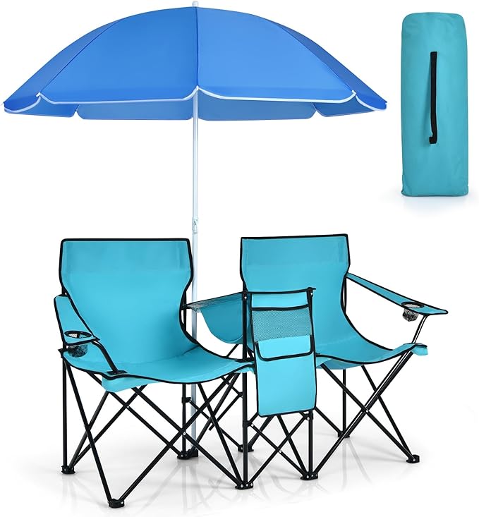 Double Camping Chair with Canopy Folding Camp Chairs w/Cup Holder Cooler &amp Carry Bag Table Side Pocket 2 Person Portable Beach Chair with Umbrella for Picnic Fishing (Turquoise)