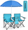 Double Camping Chair with Canopy Folding Camp Chairs w/Cup Holder Cooler &amp Carry Bag Table Side Pocket 2 Person Portable Beach Chair with Umbrella for Picnic Fishing (Turquoise)