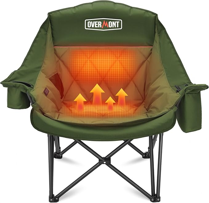 Overmont Gentle Heated Oversized Camping Chair for Adults - 3 Levels Seat &amp Back Separately Control - 400lbs Support Heavy Duty Padded Folding Chair Outdoor Garden Portable - Battery NOT Included