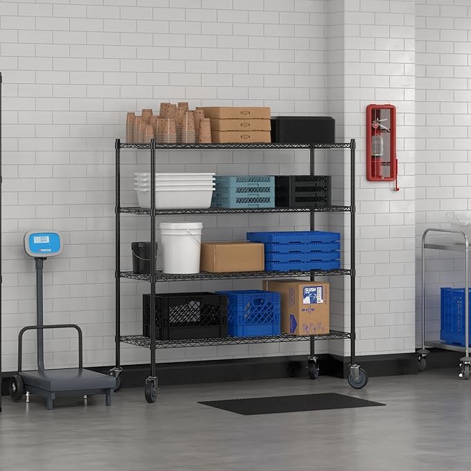 Commercial NSF Listed Black Epoxy Mobile Wire Shelving Kit 21 x 54 x 60 with 4 Shelves Perfect for Warehouse Walk-in Refrigerator Freezer Grocery Store Restaurant Dishroom