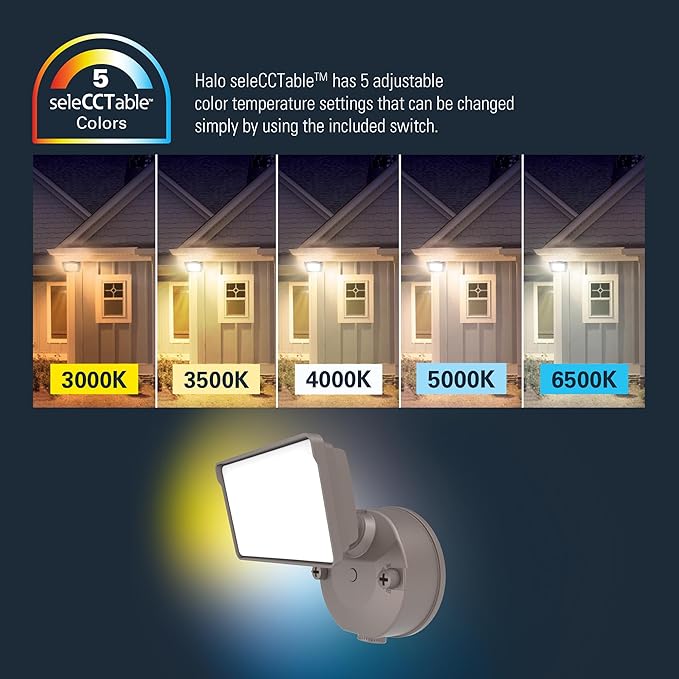 HALO FGS Outdoor LED Security Floodlight 120V w/Selectable CCT &amp Lumens Dusk to Dawn Wall or Eave Mounting - Bronze FGS30CLD2DB