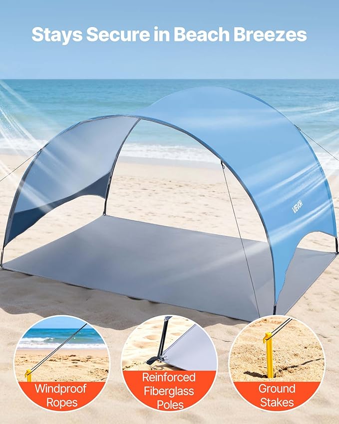 VEVOR Beach Tent Sun Shelter for 3 Person UPF 50+ Portable Sun Shade Beach with Carrying Bag &amp Ground Stakes Lightweight and Easy Setup Beach Umbrella for Camping Fishing Outdoor Picnic