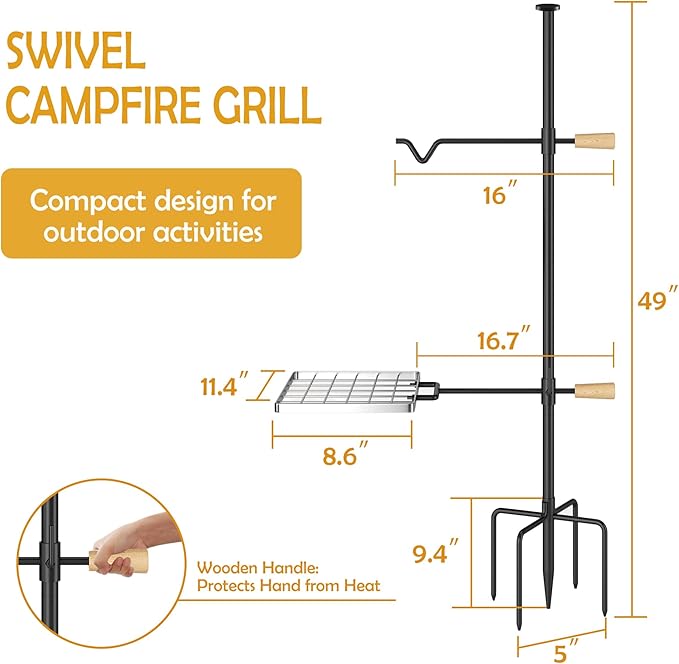 Campfire Grill Grate with Swivel Handle Campfire Cooking Equipment - Fire Pit Grill Grate with Heavy Duty Steel For Outdoor BBQ Camping and Cooking Black