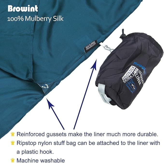 Browint Silk Sleeping Bag Liner Silk Sleep Sack Extra Wide 87x43 Lightweight Travel Sheet for Hotels More Colors for Option Reinforced Gussets