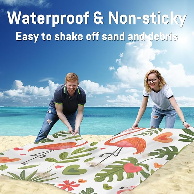 Waterproof Sandproof Beach Blanket 59''×68'' Animal Polyester Outdoor Picnic Blanket with 4 Stakes &amp Storage Bag for BeachCampingVacation Flamingo
