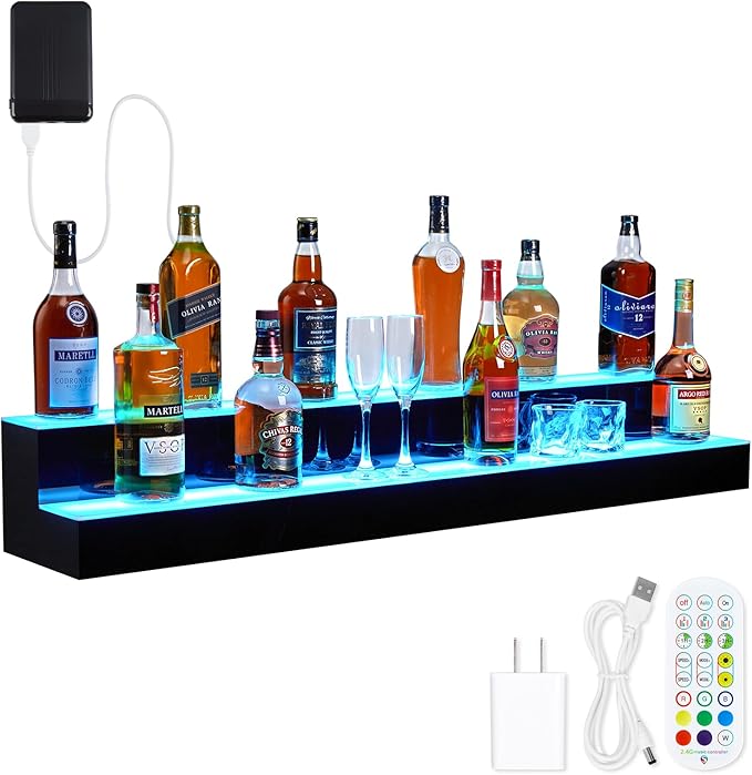 LED Lighted Wine Racks Countertop Wine Bottle Holder Liquor Bottle Display Shelf 2-Tier 48 Inch Acrylic Whiskey Rack with Remote &amp App Control USB Powered for Home Bar &amp Commercial Use
