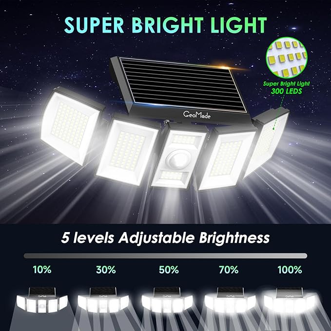 Solar Outdoor Lights Flood Light Motion Sensor &amp Dusk to Dawn Solar Spotlights Outdoor Waterproof 300 Security LED &amp Remote Control 5 Head 270° Spot lamp for Wall Backyard 2 Pack