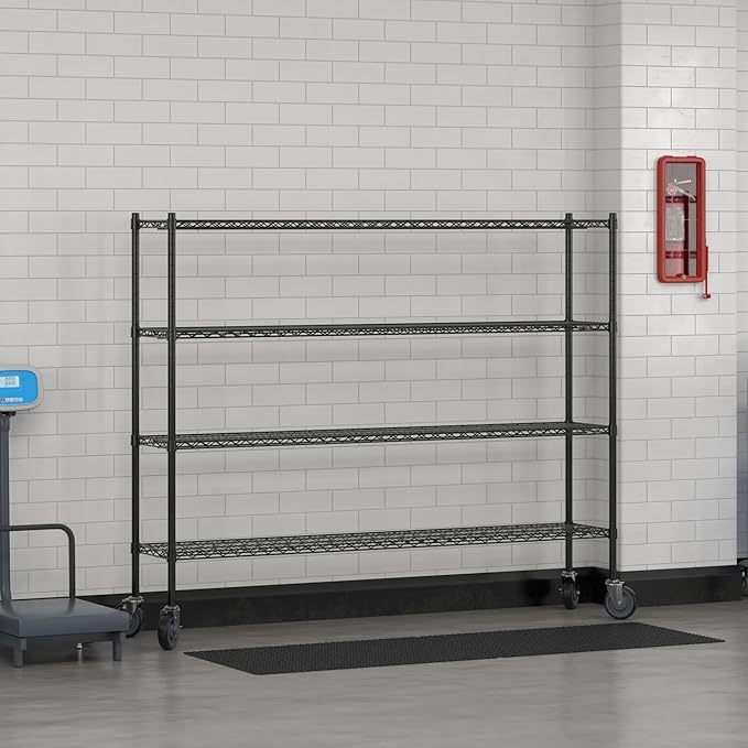 Commercial NSF Listed Black Epoxy Mobile Wire Shelving Kit 14 x 72 x 60 with 4 Shelves Perfect for Warehouse Walk-in Refrigerator Freezer Grocery Store Restaurant Dishroom
