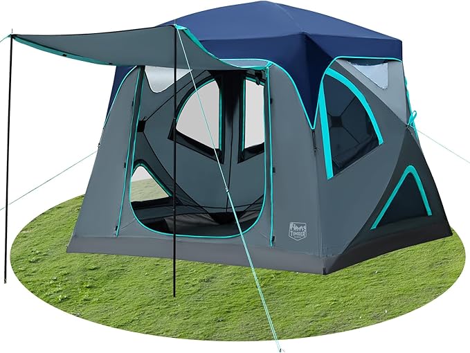 TIMBER RIDGE Camping Tent 4 Person Instant Pop Up Hub Tent with 8 Windows Easy 60 Second Setup Weather Resistant Family Cabin Tents with Rain Fly for Camping Hiking Outdoor Travel