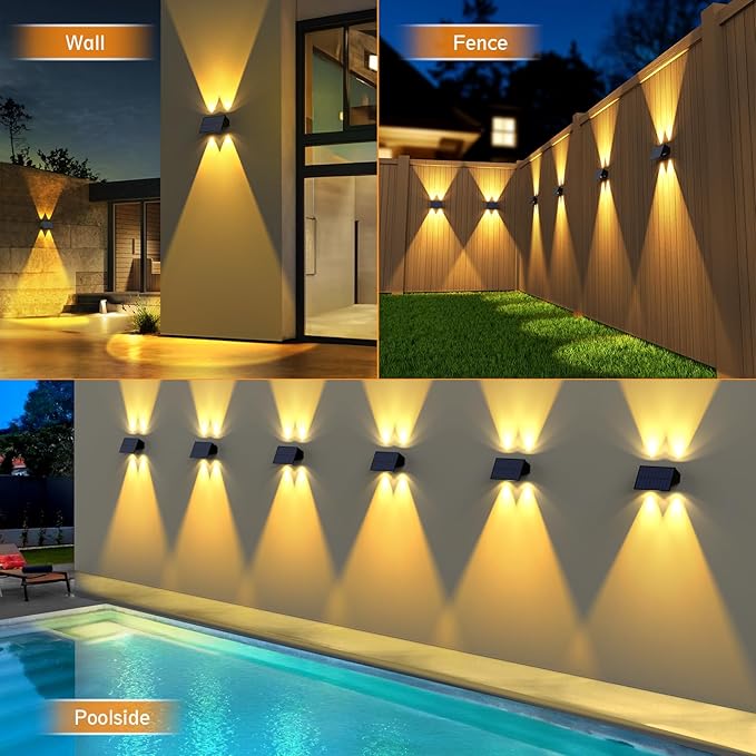 Solar Fence Lights6Pack Solar Lights Outdoor Warm White + RGB Up &amp Down Waterproof 100 Lumens Dusk to Dawn Large Solar Wall Lights for Backyard/Pool/Railing/Patio/Porch/Step/Wall