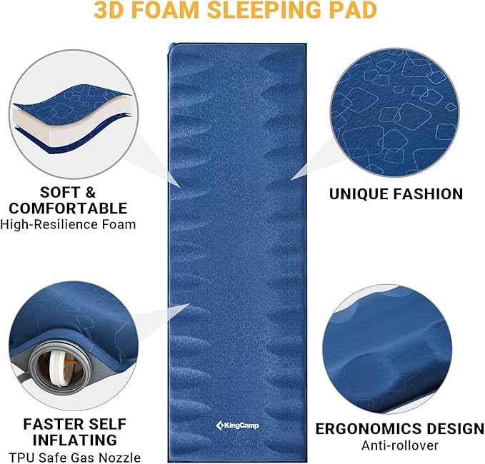 KingCamp Sleeping Pad for Camping Rollover Prevention Self Inflating Sleeping Pad Camping Mattress Foam Mat with Butterfly Edge Cut for Outdoor &amp Indoor Tent Cot Car Backpacking PVC Free